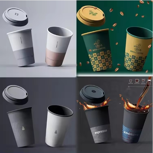 Custom printed paper double-wall coffee cup with lid
